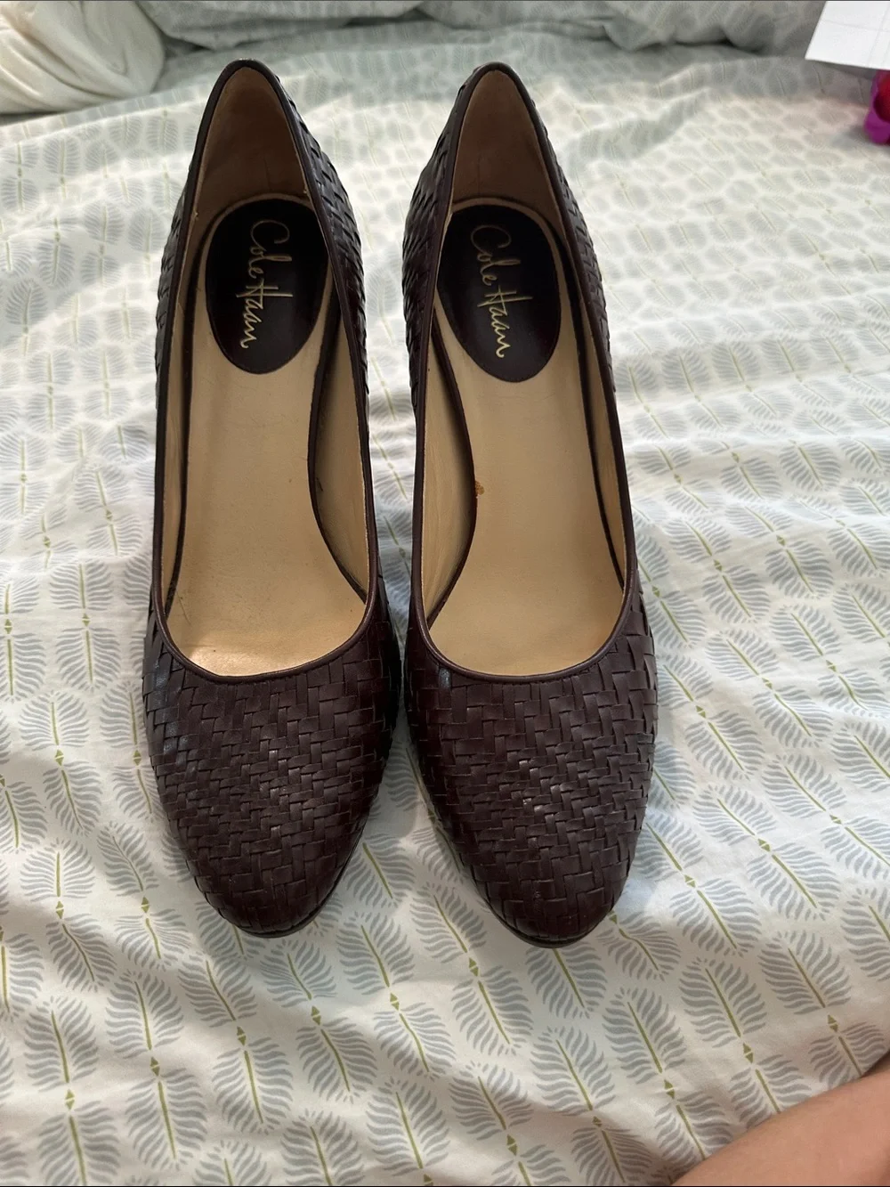 Cole Haan Dark Brown Woven Leather Pointed-Toe Pumps